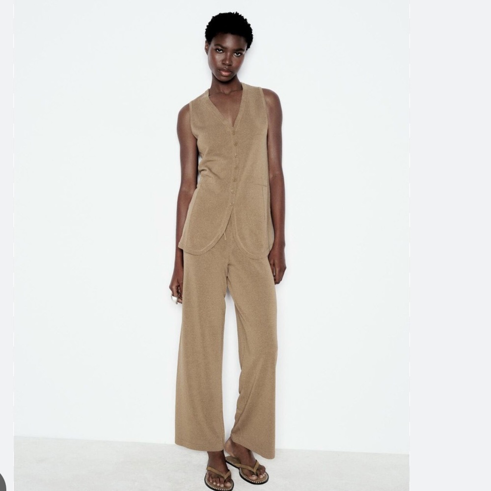 Zara Tan Sleeveless Vest and Wide-Leg Pants Set
